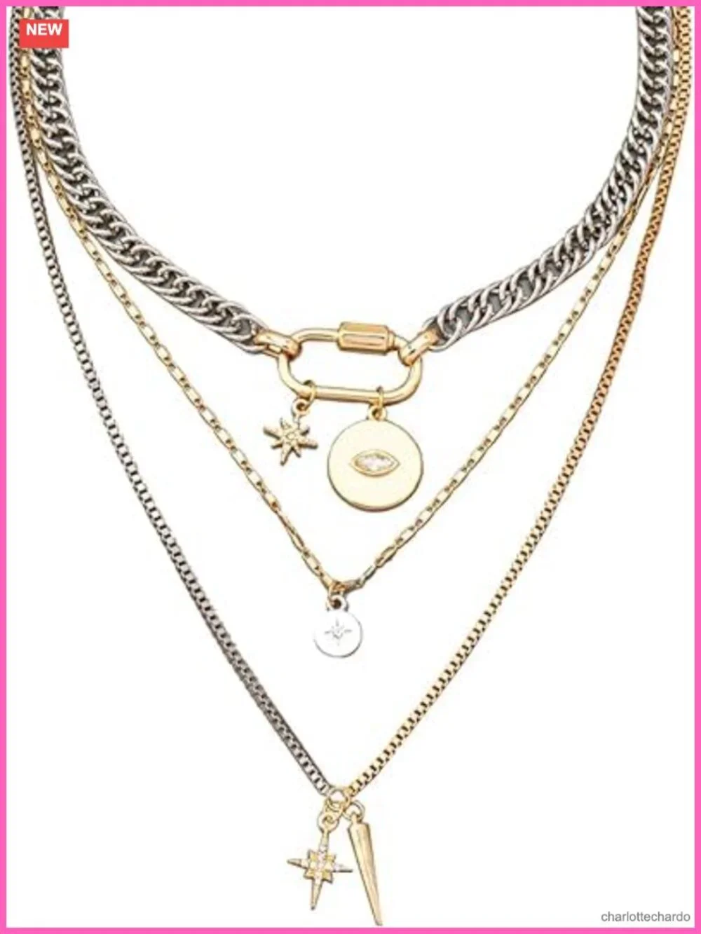 Layered Necklace Set 3 Strand Mixed Metal Chunky Statement Chain